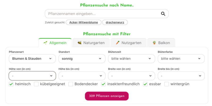 Startseite der Website mit Suchmaske und Filtermöglichkeiten